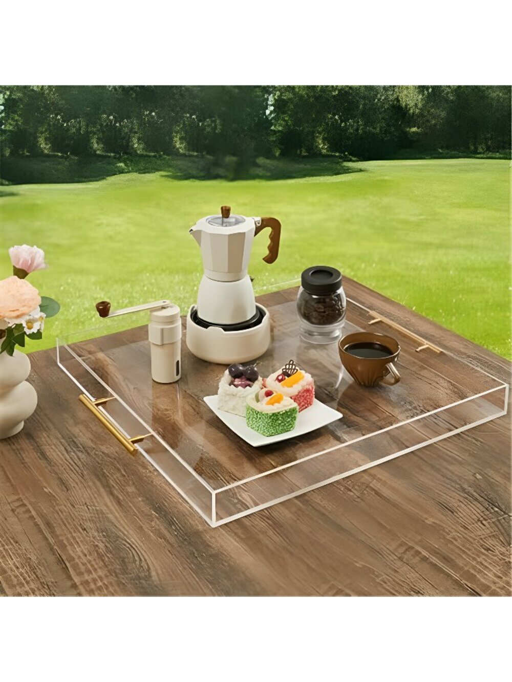 Extra Large Clear Acrylic Serving Tray (18×18 Inches) with Gold Handles Spill